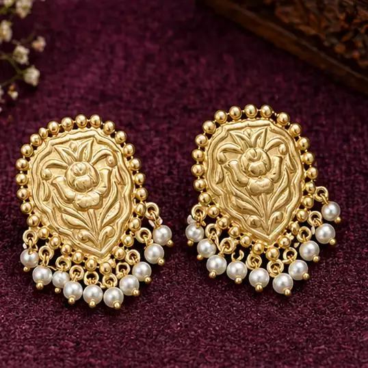 Pink monalisa stone pearl stud earrings in silver replica finish