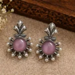 Pink monalisa stone pearl stud earrings in silver replica finish