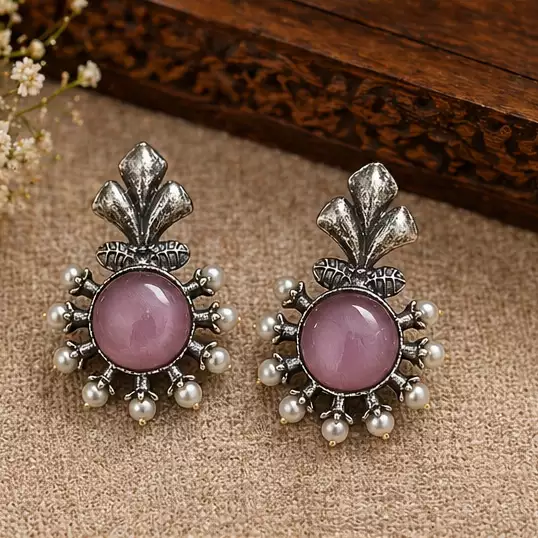 Pink monalisa stone pearl stud earrings in silver replica finish