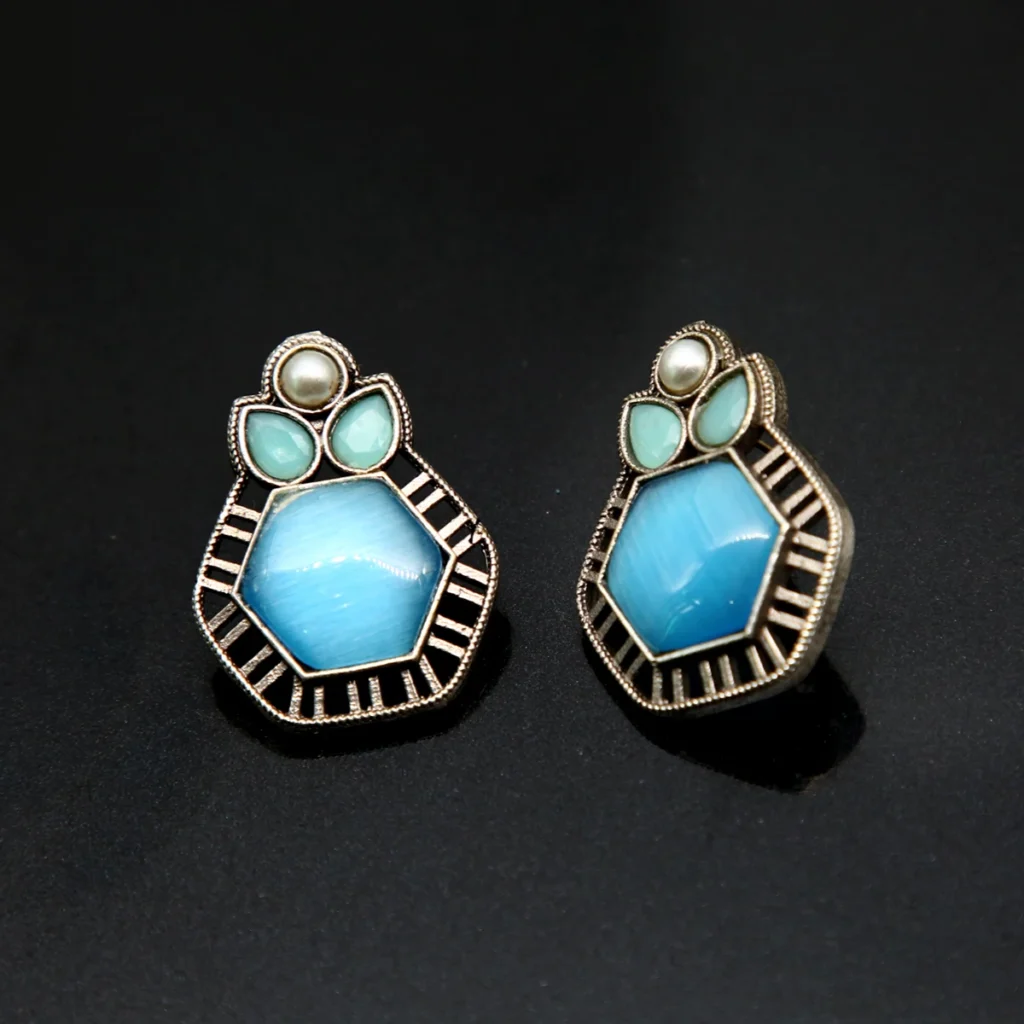 Aqua Hexa Monalisa Stud Earrings in oxidised silver finish