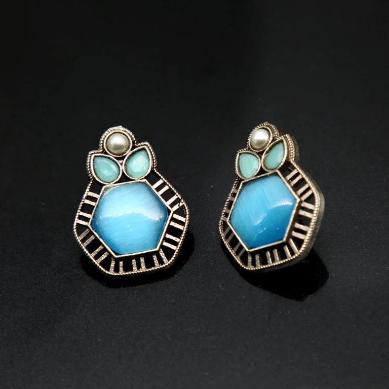 Aqua Hexa Monalisa Stud Earrings in oxidised silver finish