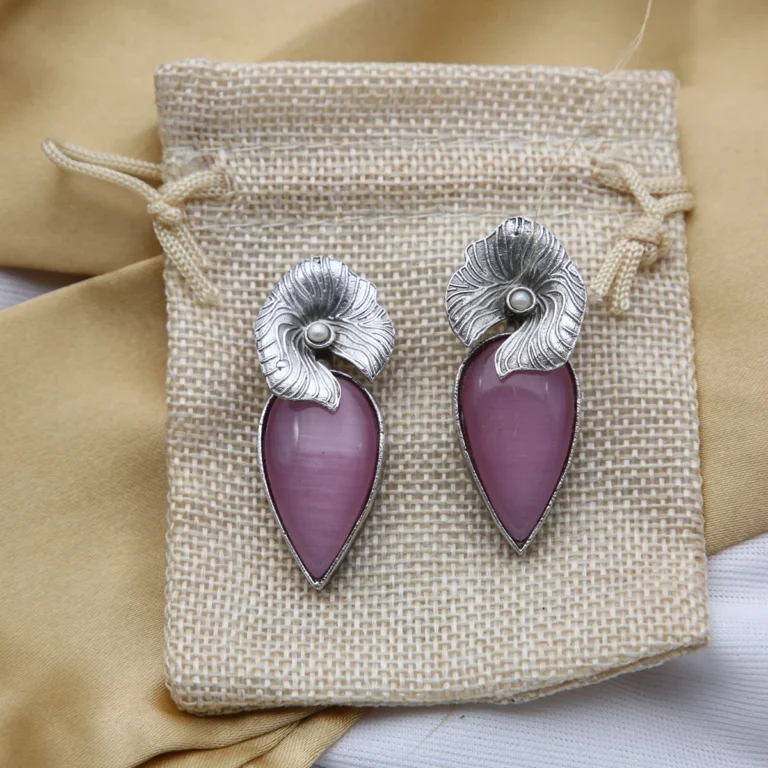 Blush pink Monalisa stone statement earrings with vintage silver leaf design