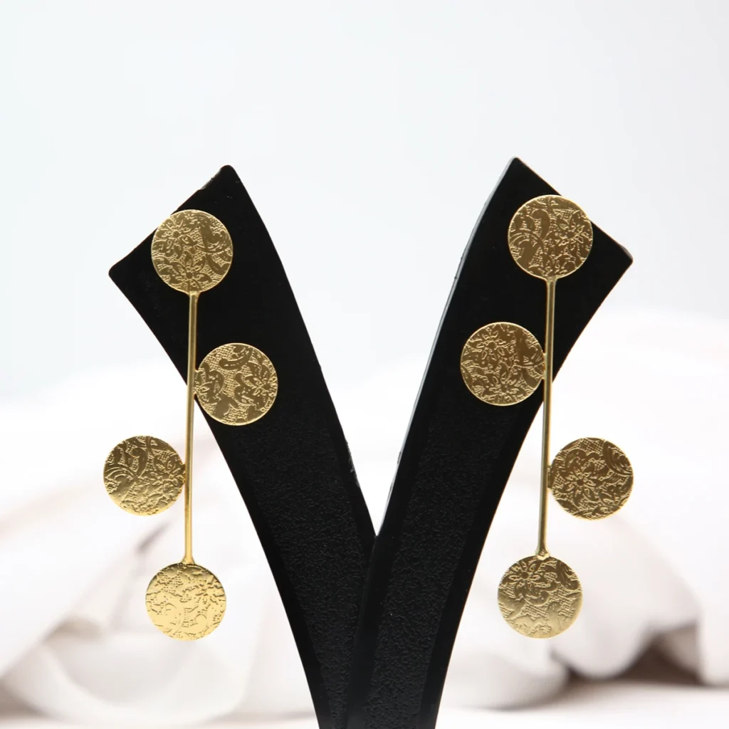 Elegant textured gold disc long drop earrings with minimal statement design