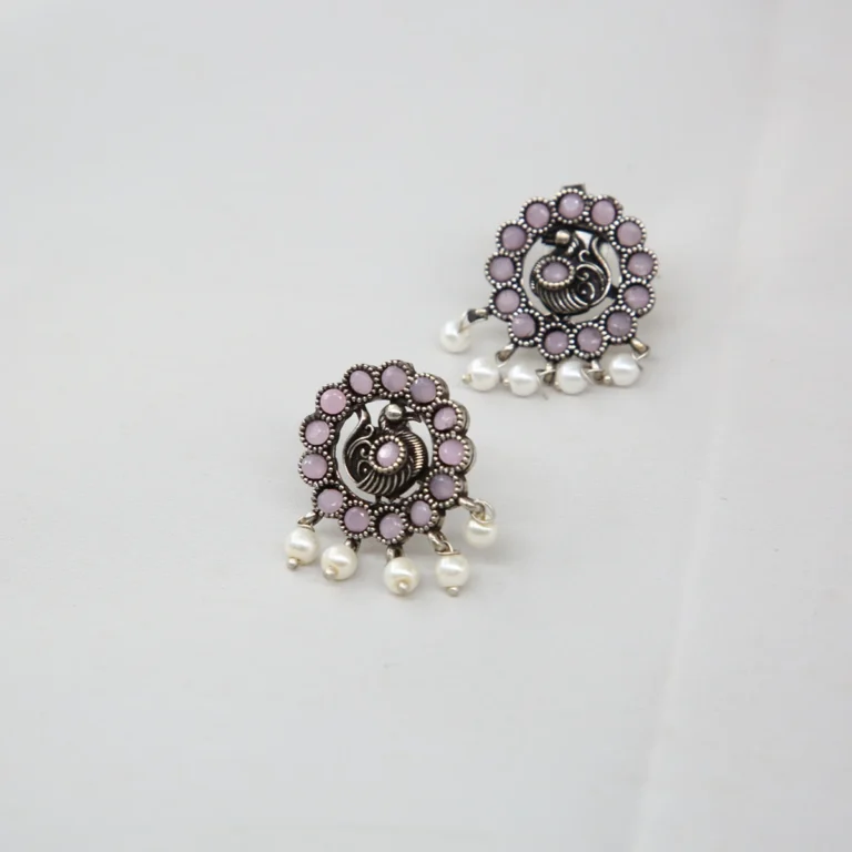 Lilac Pearl Peacock Stud Earrings with oxidised silver finish