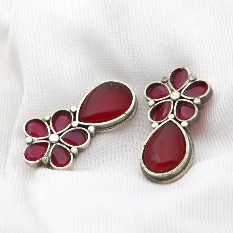 Red floral Monalisa stone drop earrings with antique silver finish